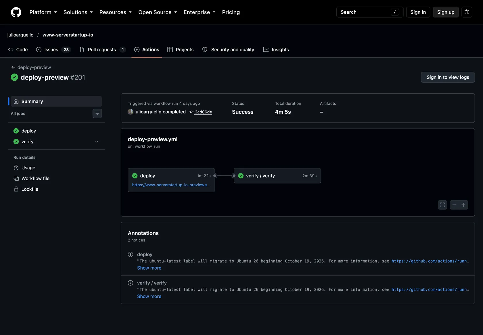 Una ejecución de deploy-preview en GitHub Actions: deploy y verify en verde