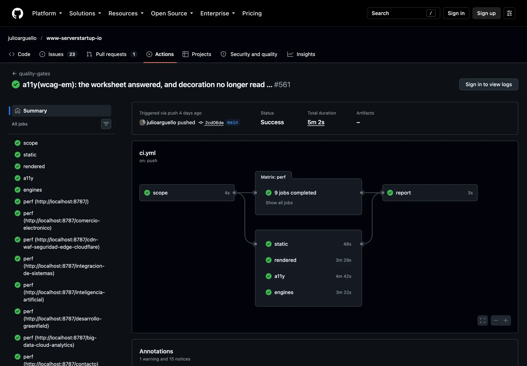 Una ejecución de quality-gates en GitHub Actions con todos los trabajos en verde