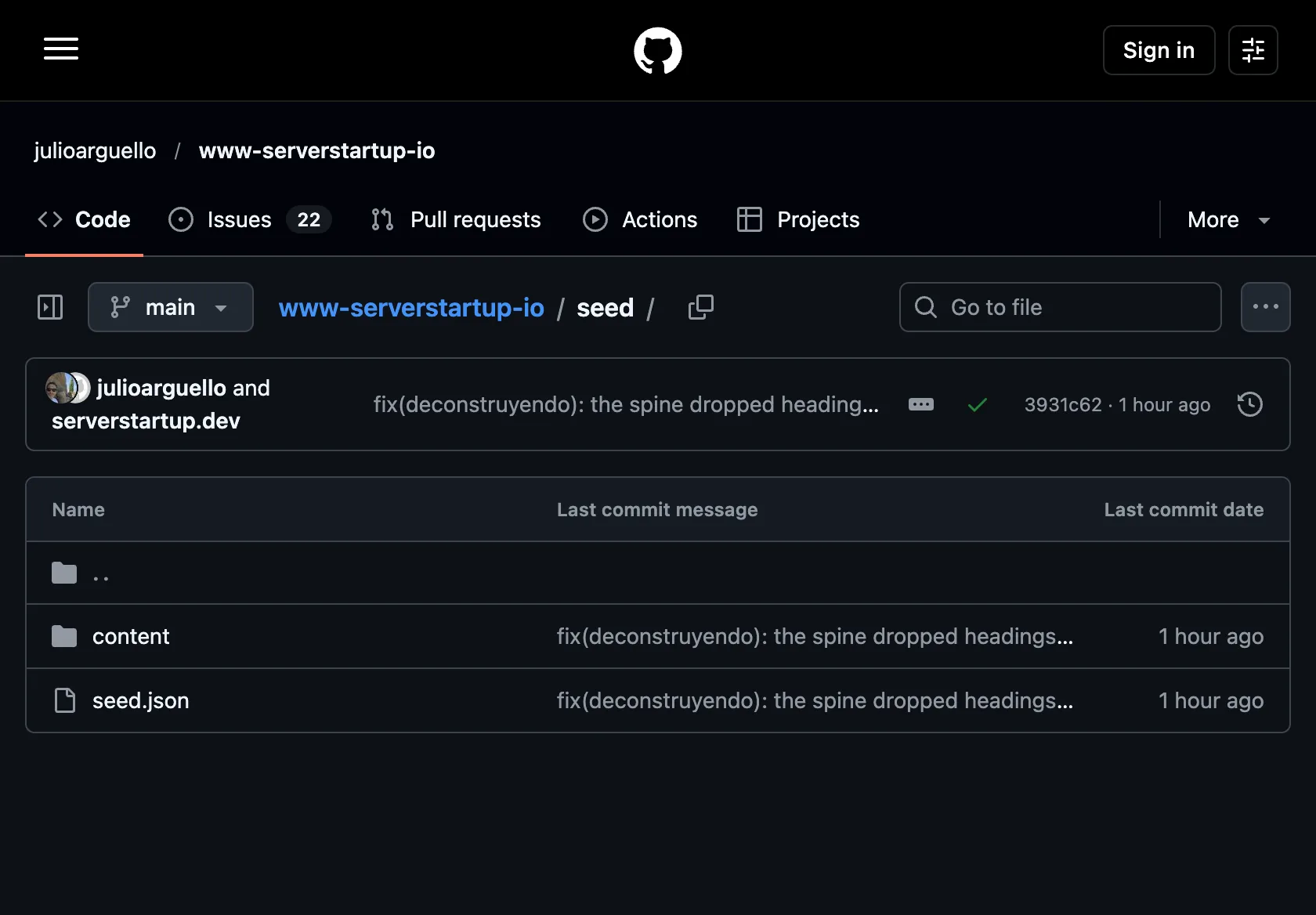 La carpeta seed del repositorio en GitHub, con seed.json y la carpeta content